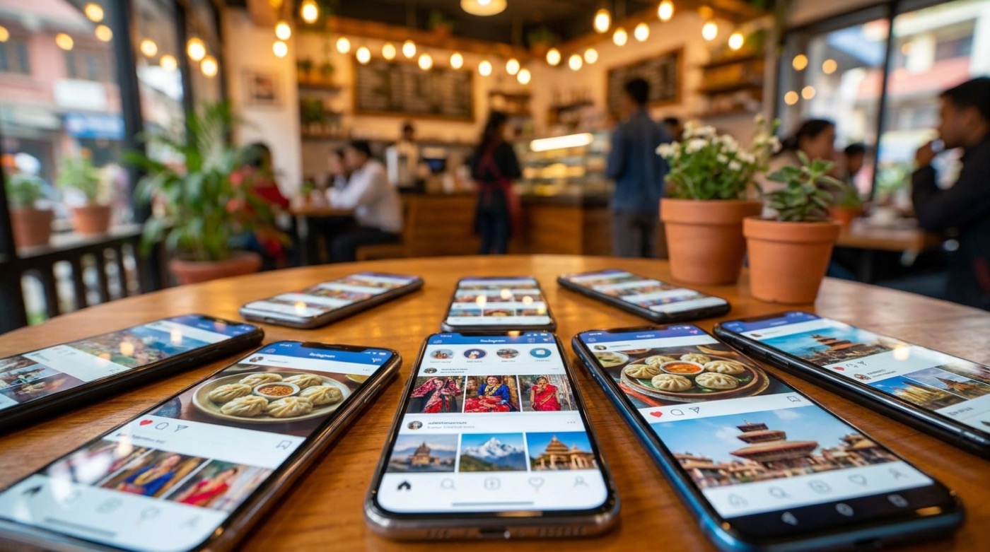 A phone screen showing an Instagram business profile for a small Nepali shop, held above a wooden counter
